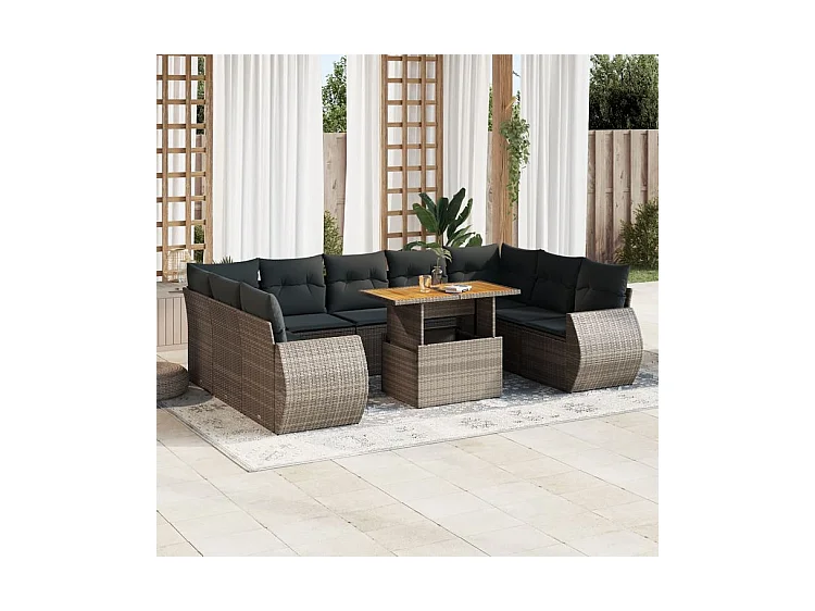 Salon de jardin avec coussins 10 pcs gris résine tressée
