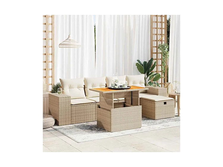 Salon de jardin 6 pcs avec coussins beige résine tressée acacia