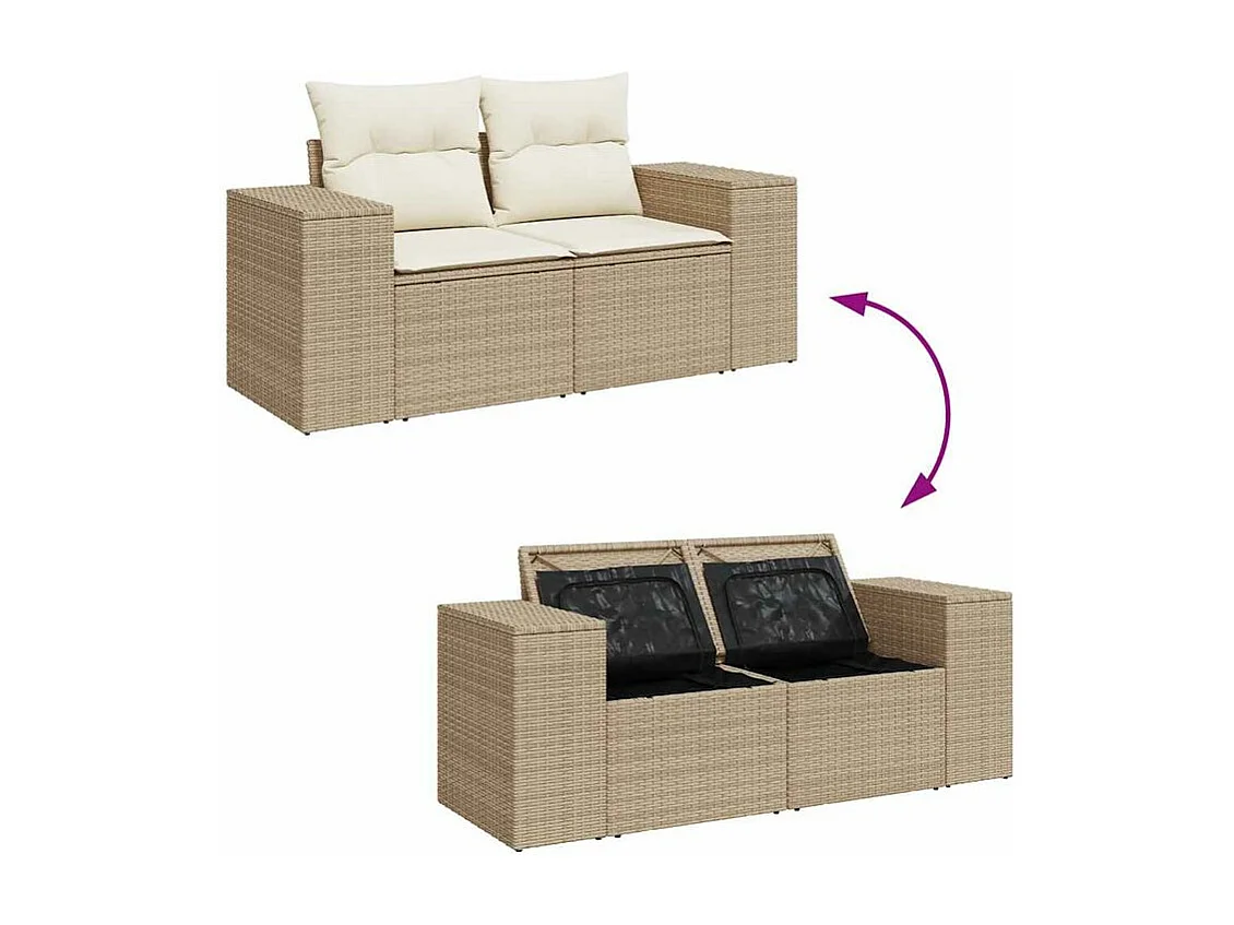 Salon de jardin 6 pcs avec coussins beige résine tressée acacia