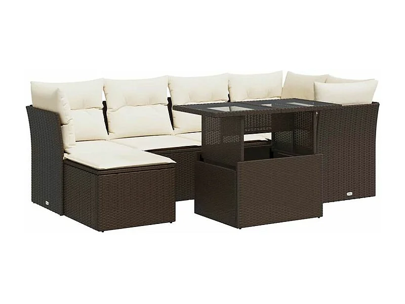 Salon de jardin avec coussins 7 pcs marron résine tressée