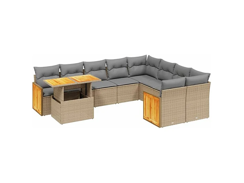 Salon de jardin avec coussins 10 pcs beige résine tressée