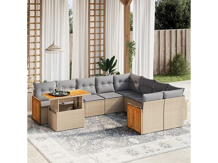 Salon de jardin avec coussins 10 pcs beige résine tressée