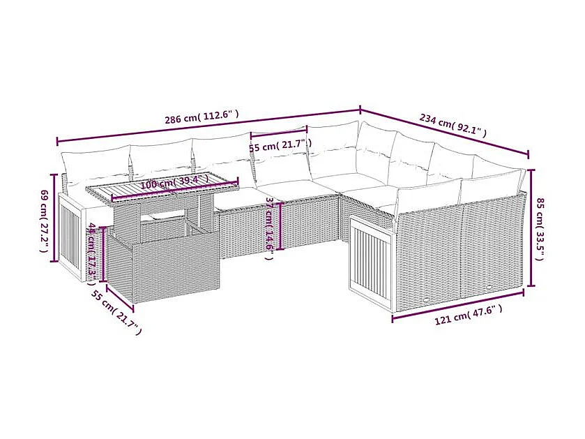 Salon de jardin avec coussins 10 pcs beige résine tressée