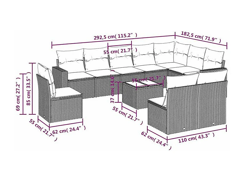 Salon de jardin et coussins 11 pcs marron résine tressée