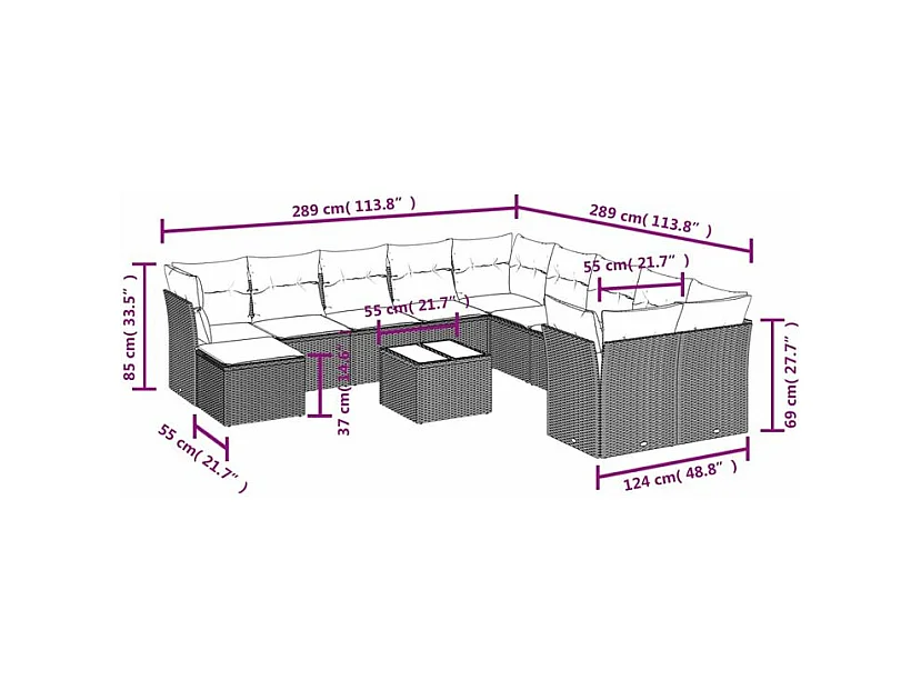 Salon de jardin avec coussins 12 pcs gris clair résine tressée