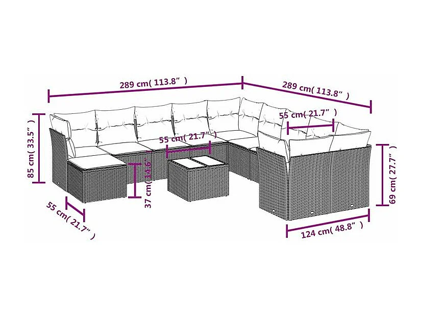 Salon de jardin avec coussins 12 pcs gris clair résine tressée