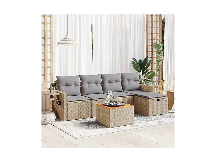 Salon de jardin avec coussins 6 pcs beige résine tressée