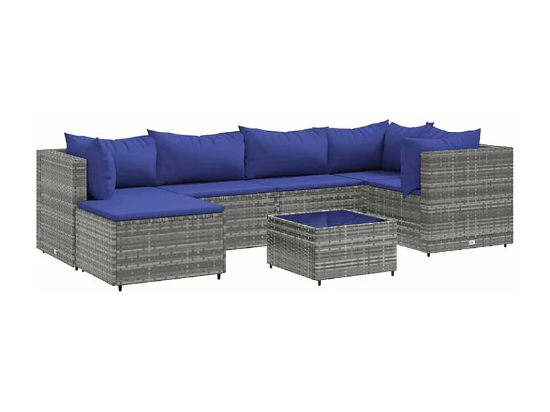 Salon de jardin 7 pcs avec coussins Gris Résine tressée