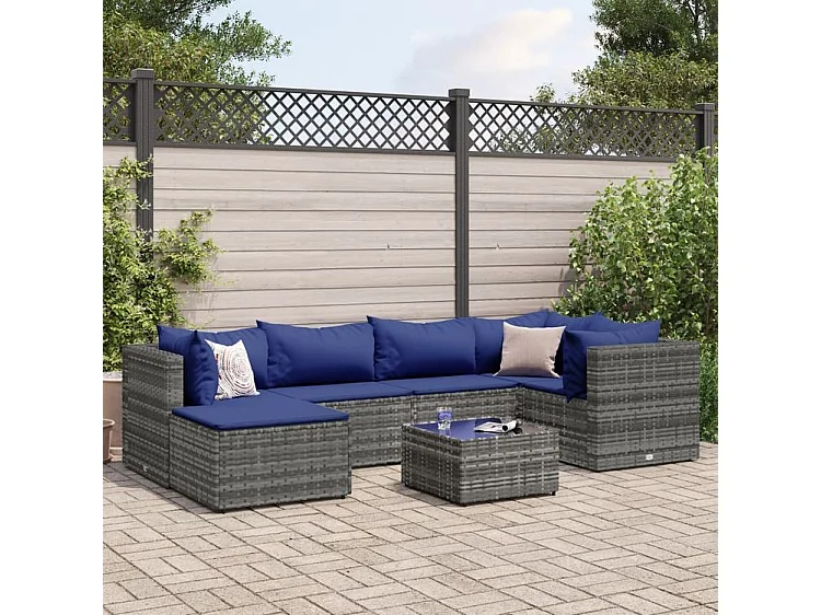 Salon de jardin 7 pcs avec coussins Gris Résine tressée
