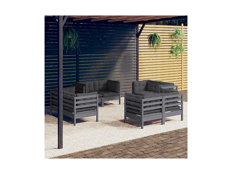 Salon de jardin 8 pcs avec coussins anthracite Bois de pin