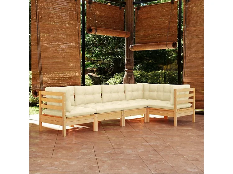 Salon de jardin 5 pcs avec coussins crème Bois de pin
