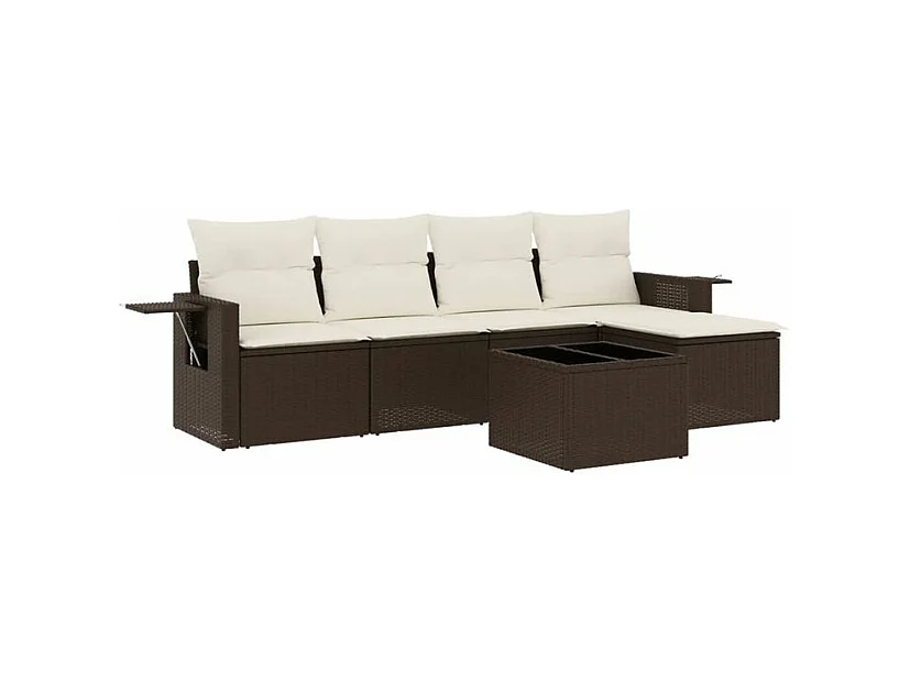Salon de jardin avec coussins 6 pcs marron résine tressée