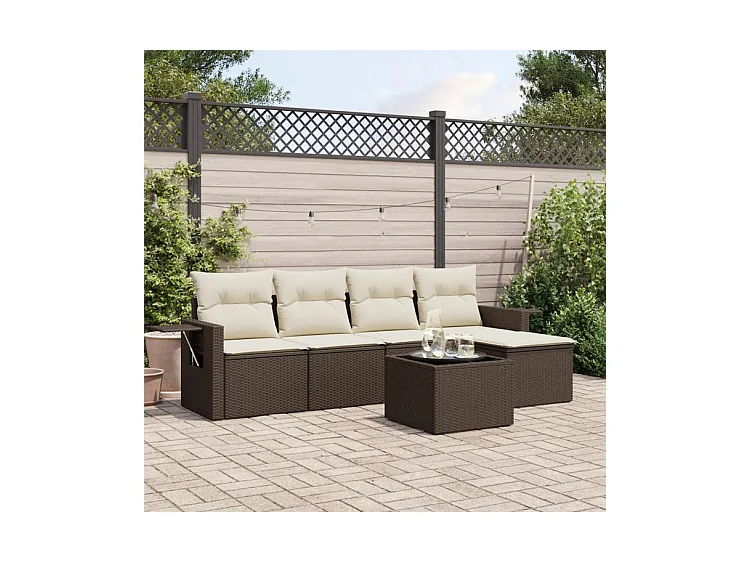 Salon de jardin avec coussins 6 pcs marron résine tressée