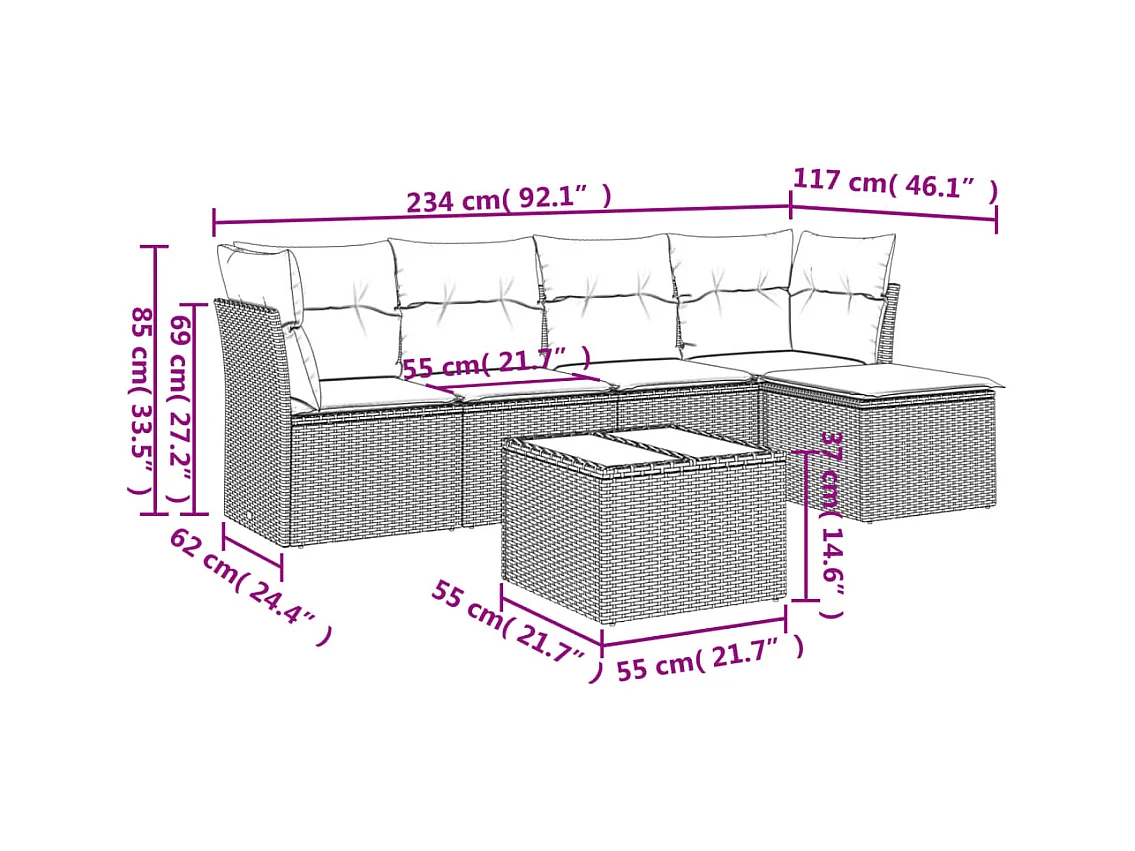 Salon de jardin avec coussins 6 pcs beige résine tressée