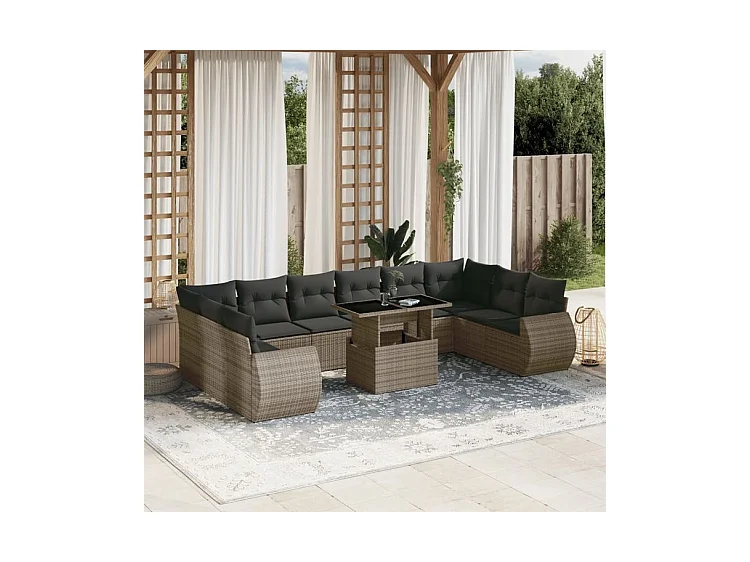 Salon de jardin 11 pcs avec coussins gris résine tressée