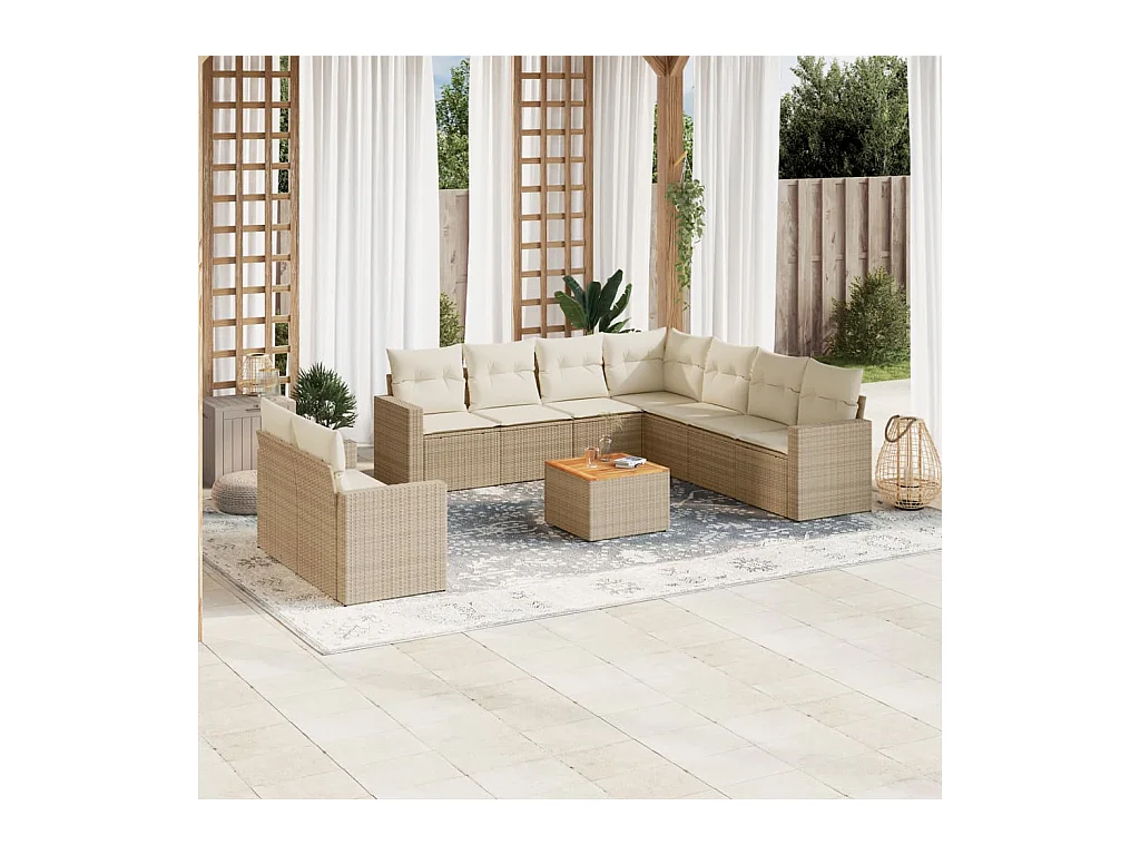 Salon de jardin avec coussins 10 pcs beige résine tressée