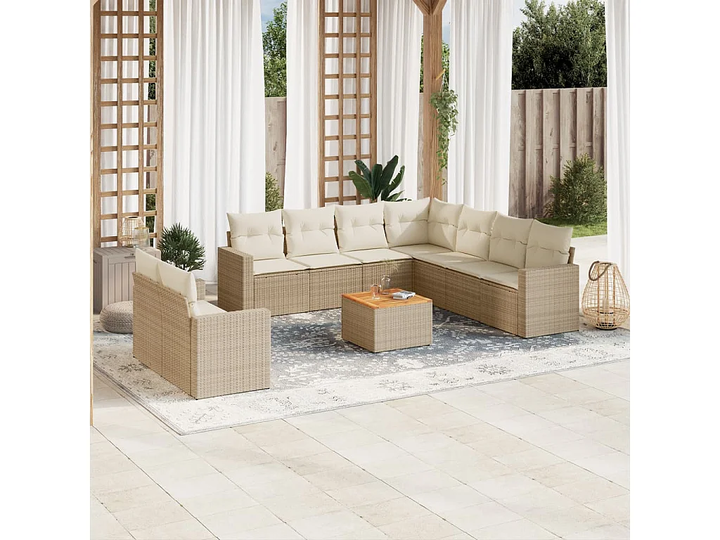 Salon de jardin avec coussins 10 pcs beige résine tressée