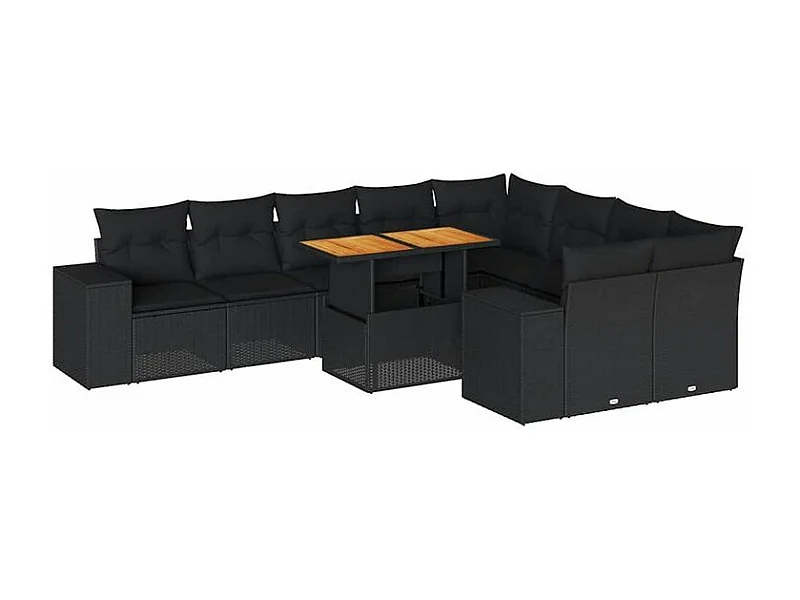 Salon de jardin 10 pcs avec coussins noir résine tressée acacia
