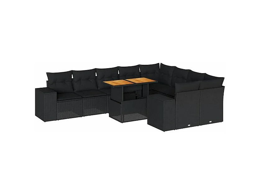 Salon de jardin 10 pcs avec coussins noir résine tressée acacia