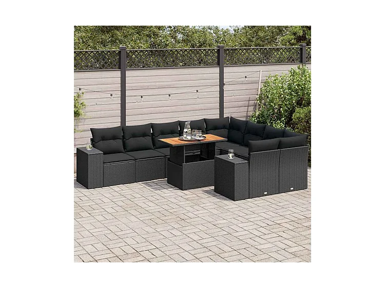 Salon de jardin 10 pcs avec coussins noir résine tressée acacia