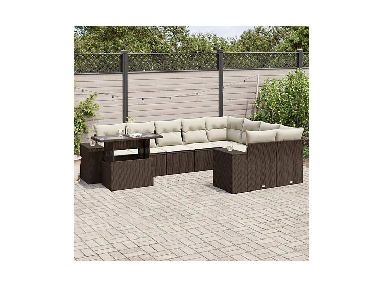 Salon de jardin 10 pcs avec coussins marron résine tressée