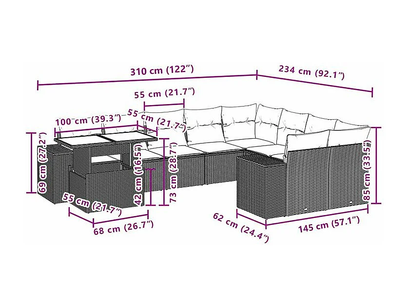 Salon de jardin 10 pcs avec coussins marron résine tressée