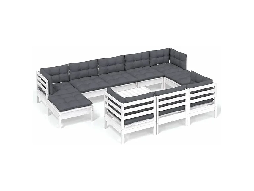 Salon de jardin 11 pcs avec coussins blanc bois de pin solide