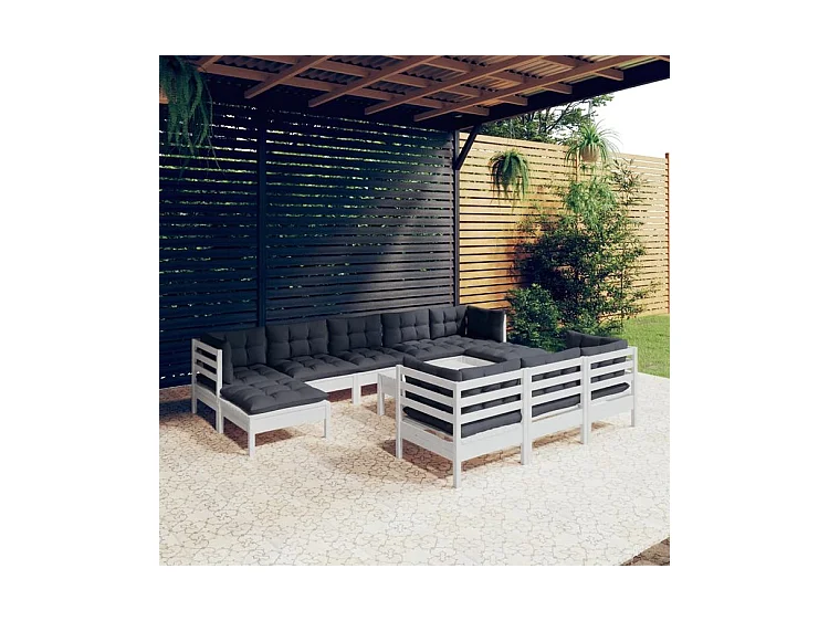 Salon de jardin 11 pcs avec coussins blanc bois de pin solide