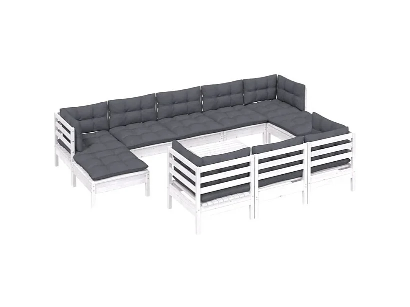 Salon de jardin 11 pcs avec coussins blanc bois de pin solide