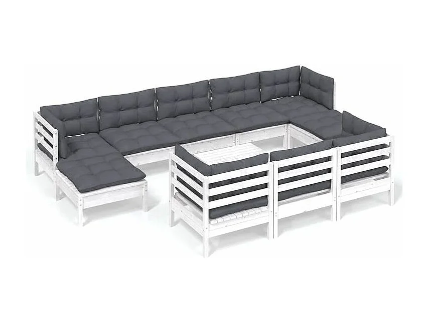 Salon de jardin 11 pcs avec coussins blanc bois de pin solide