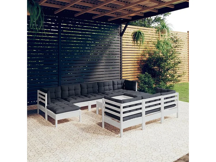 Salon de jardin 11 pcs avec coussins blanc bois de pin solide