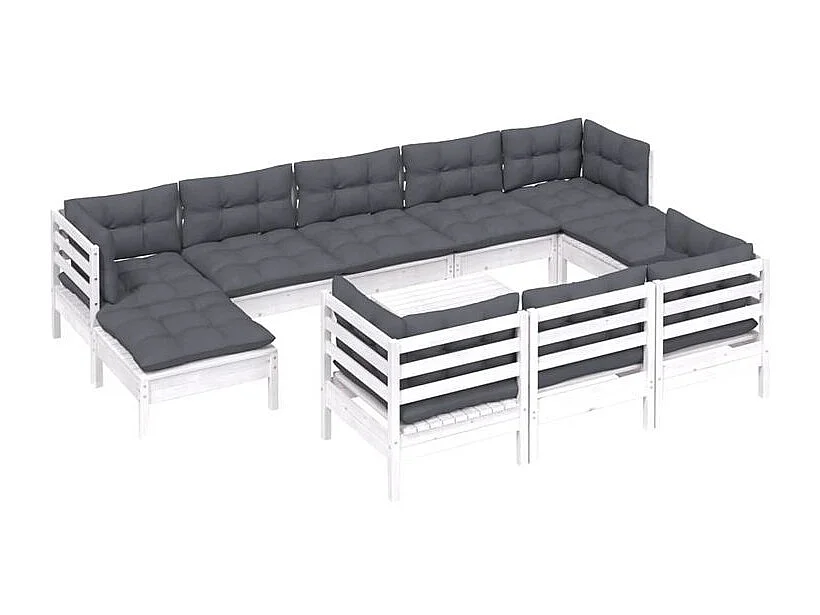 Salon de jardin 11 pcs avec coussins blanc bois de pin solide