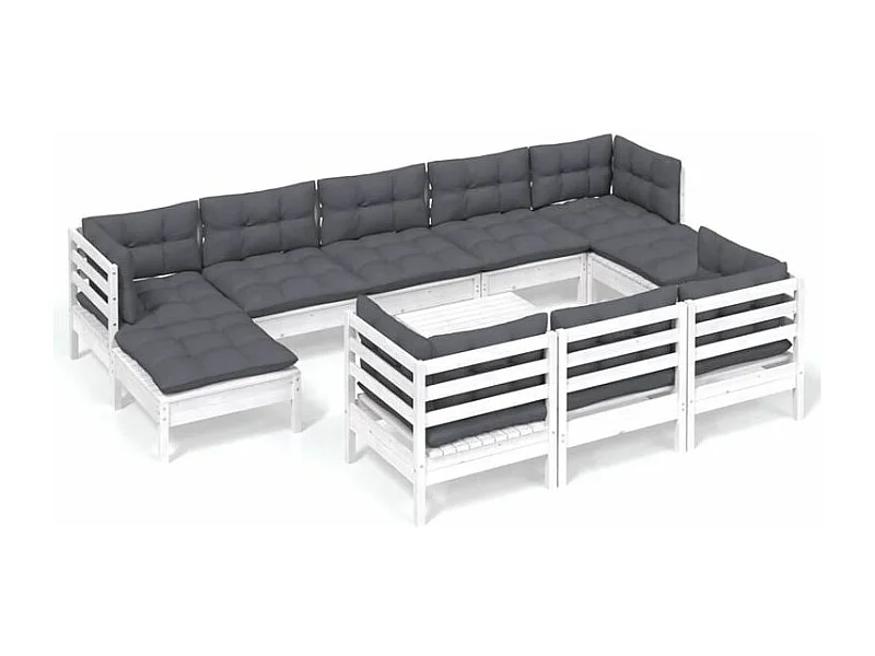 Salon de jardin 11 pcs avec coussins blanc bois de pin solide