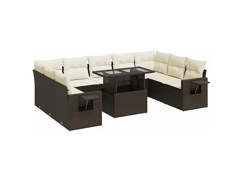 Salon de jardin 10 pcs avec coussins marron résine tressée