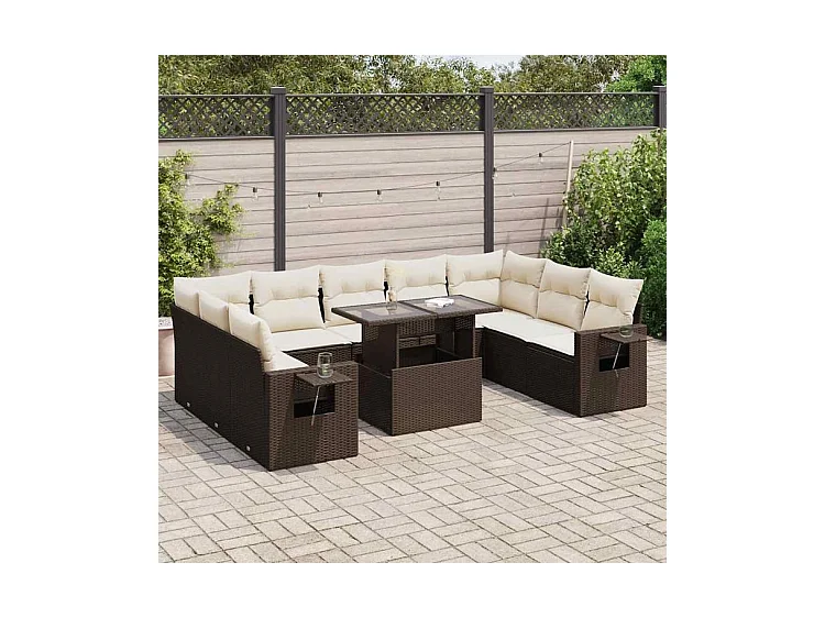 Salon de jardin 10 pcs avec coussins marron résine tressée