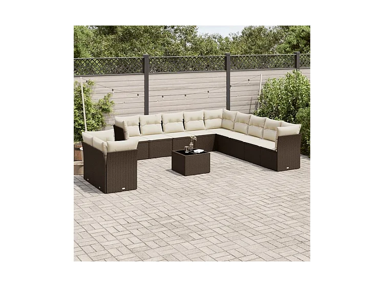 Salon de jardin avec coussins 12 pcs marron résine tressée