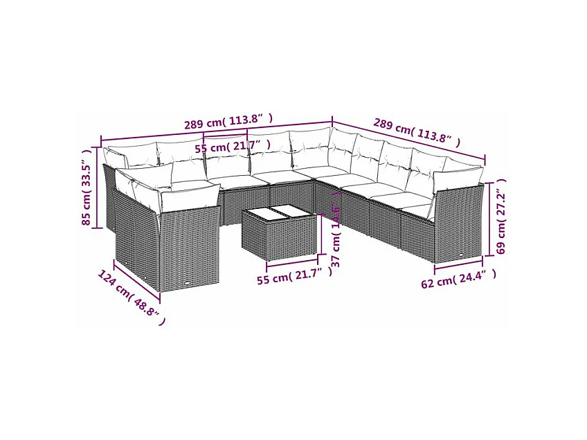 Salon de jardin avec coussins 12 pcs marron résine tressée