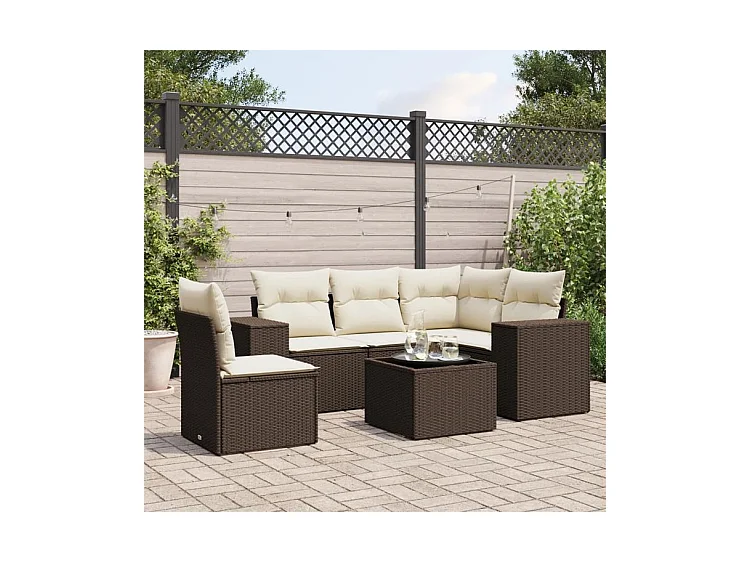 Salon de jardin avec coussins 6 pcs marron résine tressée