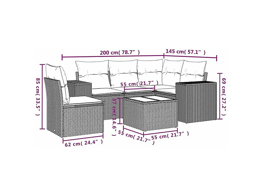 Salon de jardin avec coussins 6 pcs marron résine tressée