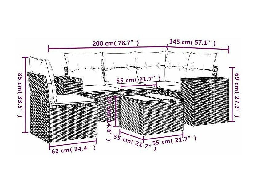 Salon de jardin avec coussins 6 pcs marron résine tressée