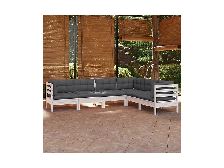 Salon de jardin 6 pcs avec coussins blanc bois de pin solide