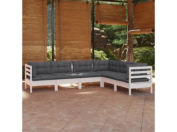 Salon de jardin 6 pcs avec coussins blanc bois de pin solide