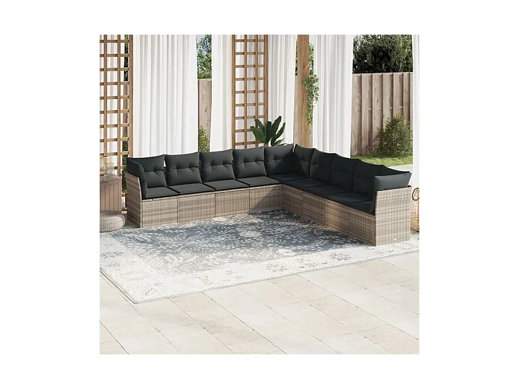 Salon de jardin 9 pcs avec coussins gris clair résine tressée