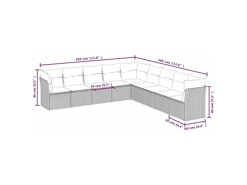 Salon de jardin 9 pcs avec coussins gris clair résine tressée