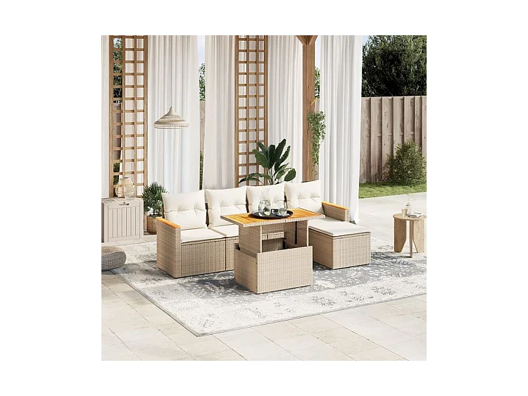 Salon de jardin avec coussins 6 pcs beige résine tressée