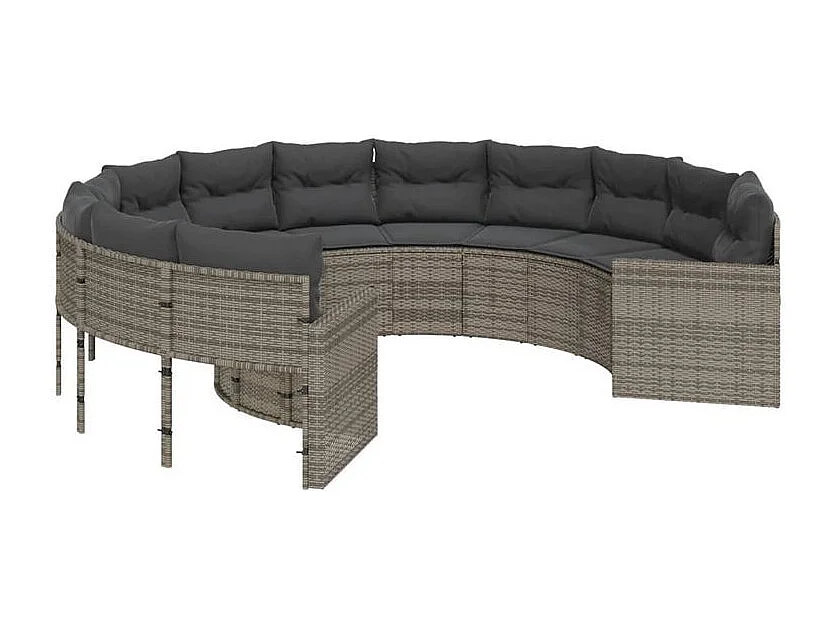 Canapé de jardin avec coussins rond gris résine tressée