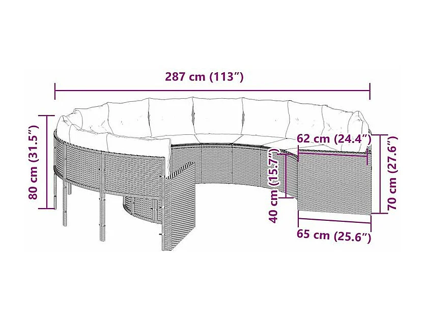 Canapé de jardin avec coussins rond gris résine tressée