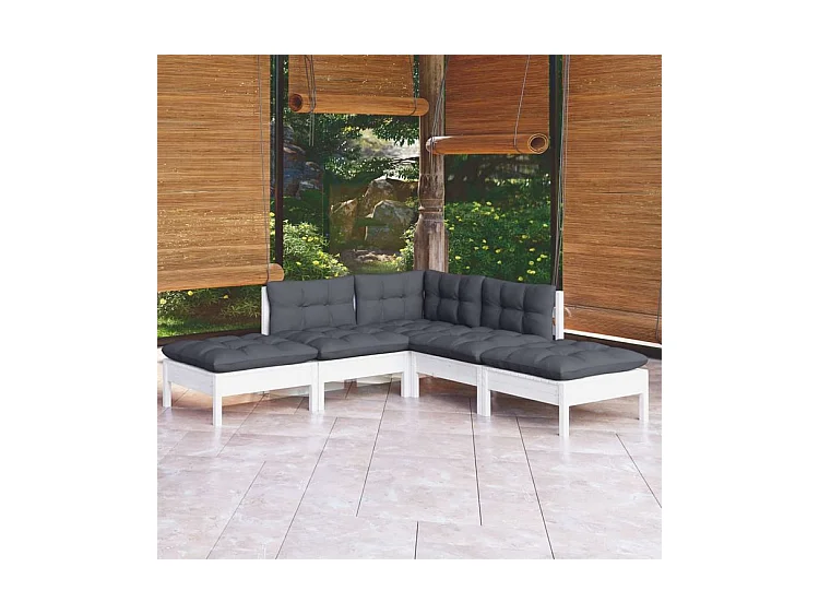 Salon de jardin 5 pcs avec coussins blanc bois de pin