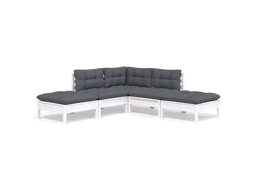 Salon de jardin 5 pcs avec coussins blanc bois de pin