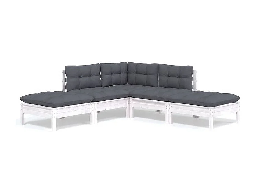 Salon de jardin 5 pcs avec coussins blanc bois de pin